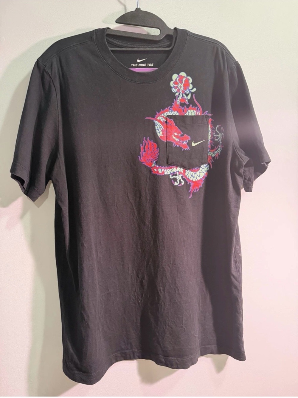 Nike Black Short-Sleeve Tee with Red and Pink Dragon Pocket Graphic